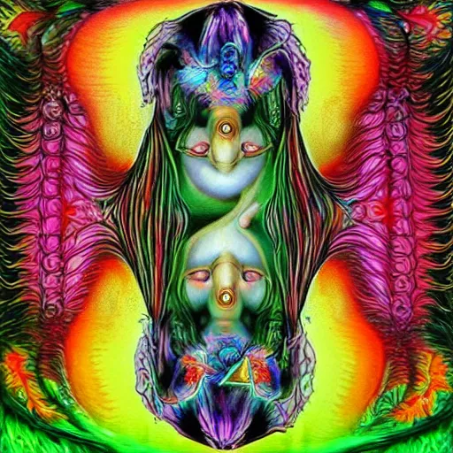 Prompt: “alice in wonderland tripping on LSD. in the style of Alex Grey.”