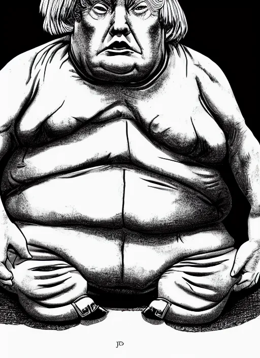 Prompt: donald trump as jabba the hutt, by steampoweredmikej, by tim bradstreet, inktober, ink drawing, black and white, coloring pages, manga, highly detailed