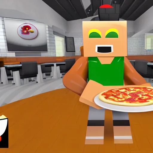 Image similar to a regular day at roblox's work at a pizza place