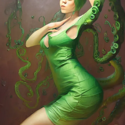 Image similar to A girl in a green dress, with tentacles coming out from underneath the dress, huggy wuggy from poppy playtime video game, fullbody, ultra high detailed, oil painting, Greg Rutkowski, Charlie Bowater, Yuumei, Yanjun Cheng, unreal 5, DAZ, hyperrealistic, octane render, RPG portrait, dynamic lighting, fantasy art, beautiful face