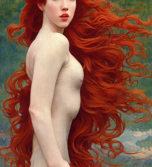 Prompt: intricate art nouveau portrait oil painting of redheaded young molly ringwald with long red hair blowing in the wind, mouth open, wearing a thin white dress, in front of a carved screen, elegant, digital painting, smooth, sharp focus, illustration, ultra realistic, 8 k, by bouguereau, alphonse mucha, artgerm, and donato giancola