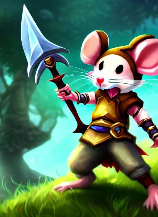 Prompt: a cute mouse boy furry with a sword and shield. league of legends splash art