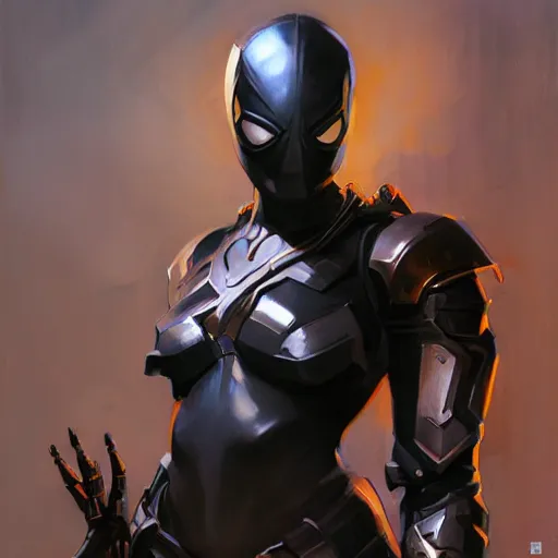 Image similar to greg manchess portrait painting of an armored dark female iron spiderman as overwatch character, medium shot, asymmetrical, profile picture, organic painting, sunny day, matte painting, bold shapes, hard edges, street art, trending on artstation, by huang guangjian, gil elvgren, ruan jia, greg rutkowski, gaston bussiere