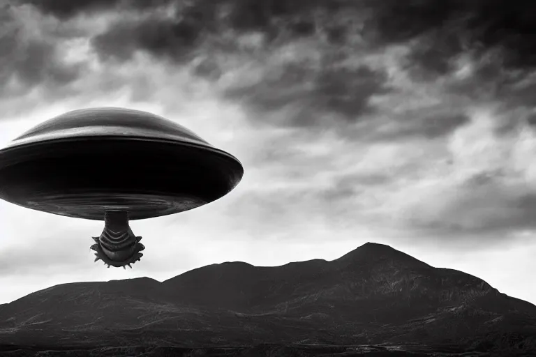 Prompt: alien space ship invading earth in the style of ansel adams, black and white, old, master photography by ansel adams