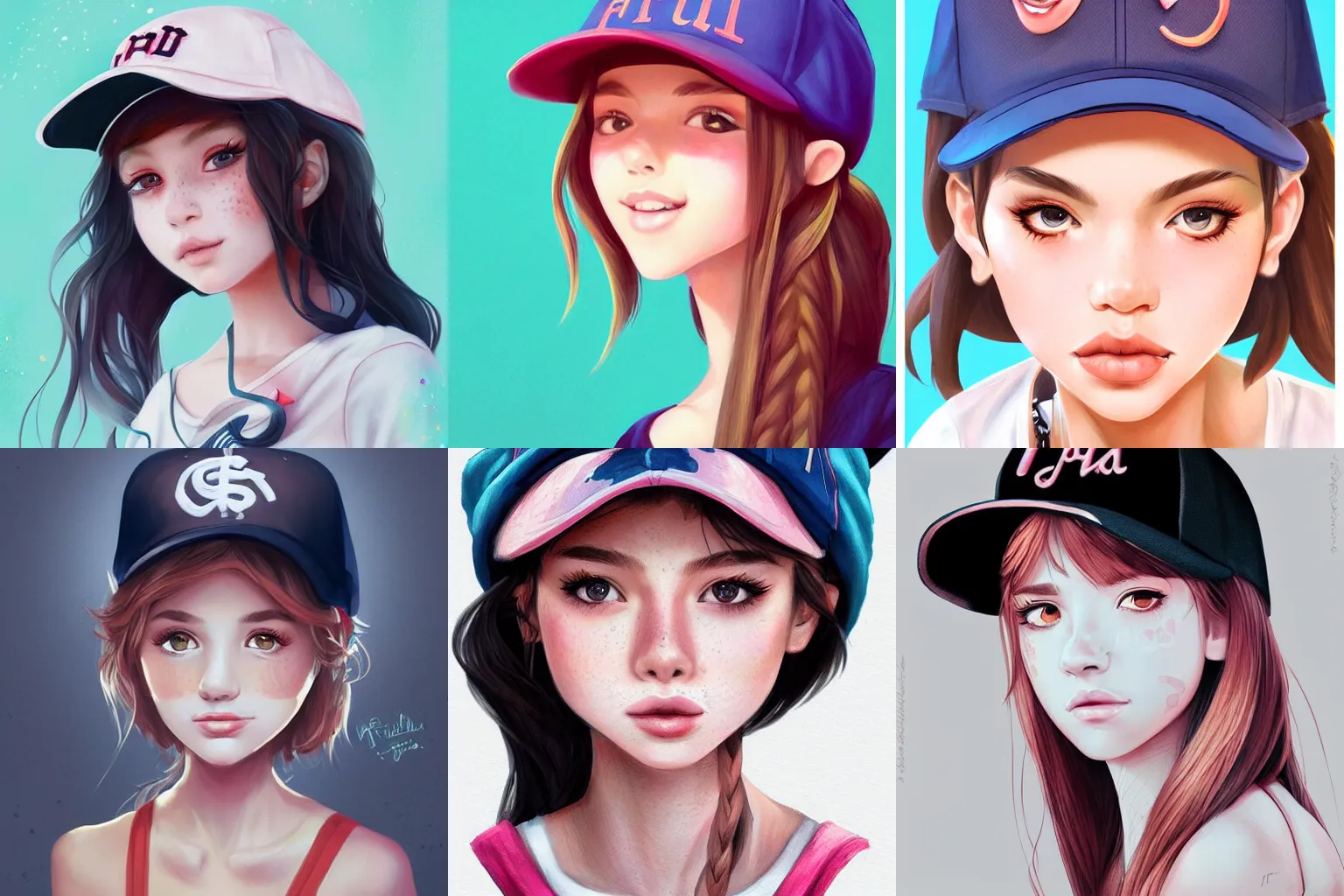 Prompt: portrait of a young cute girl, wearing a baseball hat, freckles, art by Laia Lopez, rossdraws, Artgerm, trending on artstation.