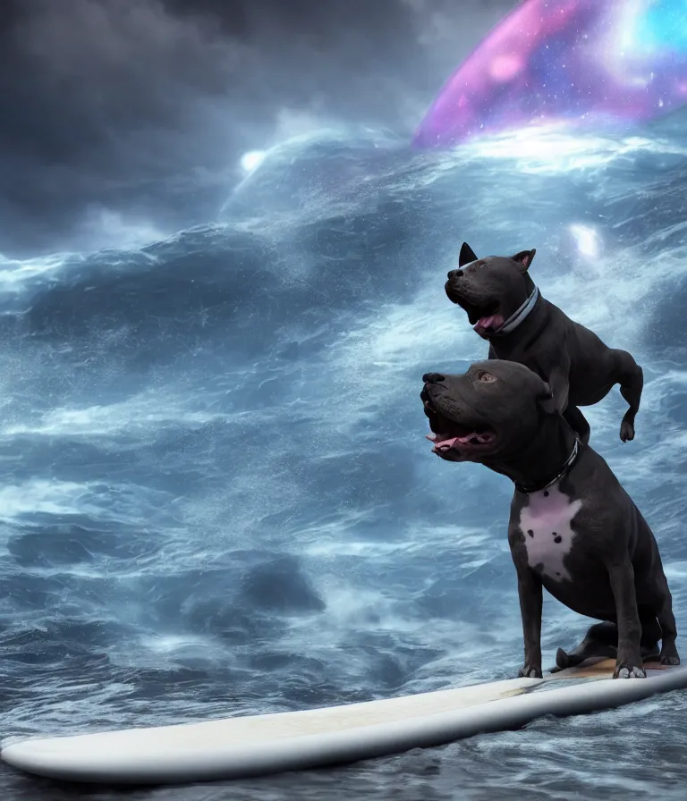 Image similar to photo of a dark gray coat pit bull with a white paws and a white nose!, trending on artstation surfing on a surfboard in a crashing wave of alien ocean in space, background is an alien galaxy, aliens in the background, alien colors, octane render, unreal engine, wide view, 8 k, highly detailed