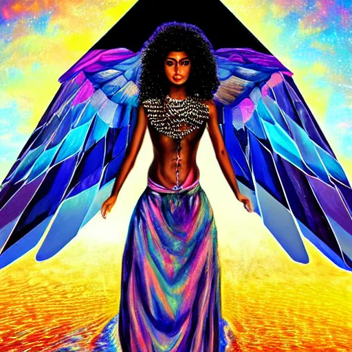 Image similar to isis depicted as a black woman with large iridescent wings in front of a crystal pyramid by Aliza Razell, lisa frank, and android jones, oil on canva