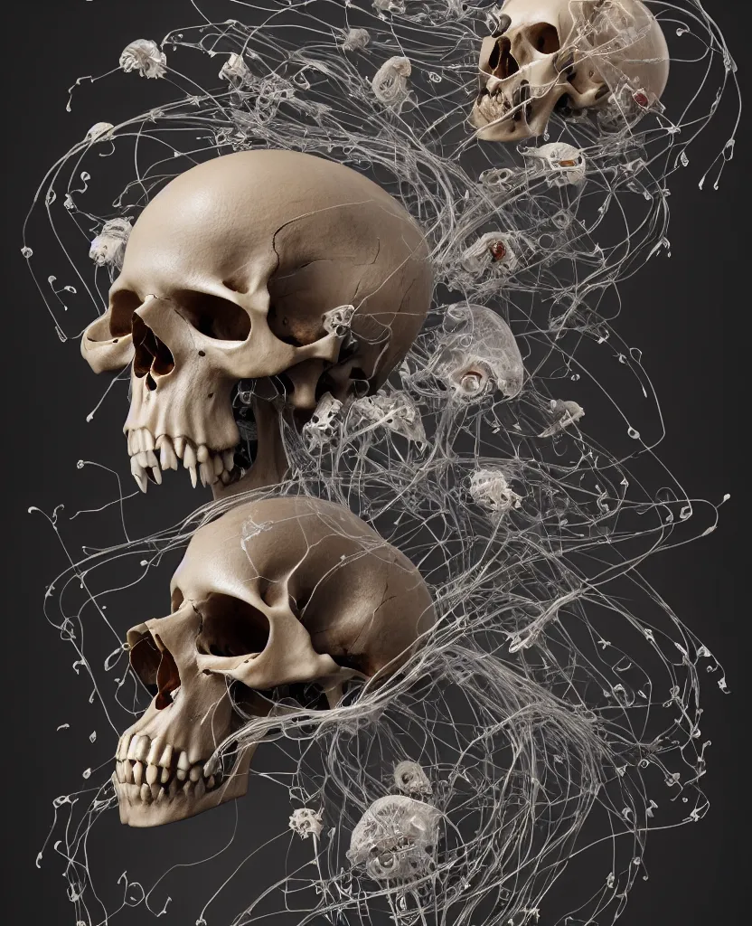 Image similar to composition of human skulls, animals skulls, bones, rib-cage. jellyfish phoenix head, nautilus, orchid, skull, betta fish, bioluminiscent creatures, intricate artwork by Tooth Wu and wlop and beeple. octane render, trending on artstation, greg rutkowski very coherent symmetrical artwork. cinematic, hyper realism, high detail, octane render, 8k