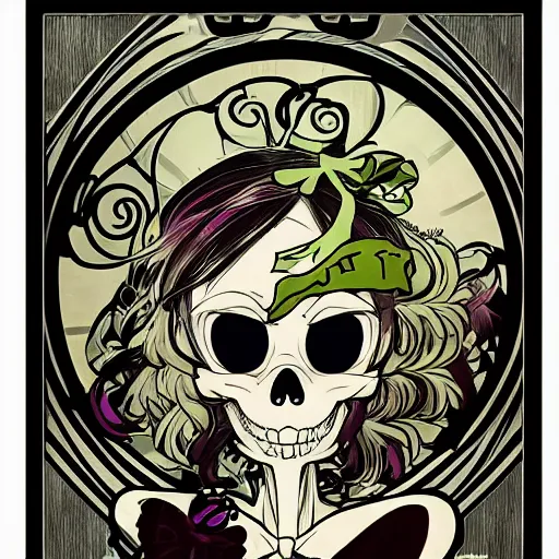 Image similar to anime manga skull portrait cuphead girl disney cartoon skeleton illustration style by Alphonse Mucha pop art nouveau