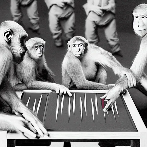 Image similar to A beautiful performance art of a group of monkeys playing backgammon. The monkeys are seated around a table, with some of them appearing to be deep in concentration while others appear to be playing more casually. octane 3d, chestnut by George Tice, by Jamie McKelvie mild, calm