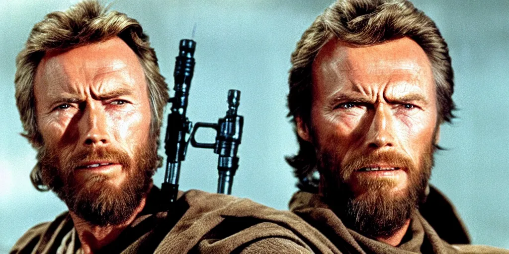 Image similar to Still of Clint Eastwood as jedi master Obiwan kenobi!!!!. in Star Wars (1977). detailed eyes. medium shot, technicolor. light saber