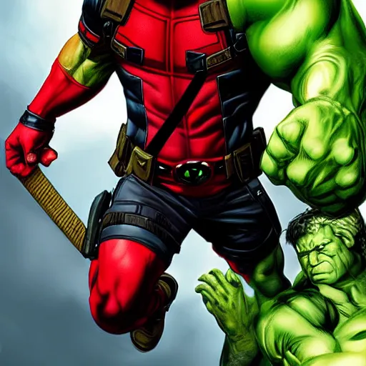 Image similar to a portrait of deadpool fighting the hulk, extremely detailed digital art by mark brooks