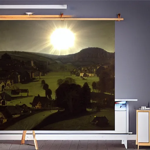 Image similar to dark solar eclipse, above a village, highly detailed, studio 4 k quality, by caravaggio