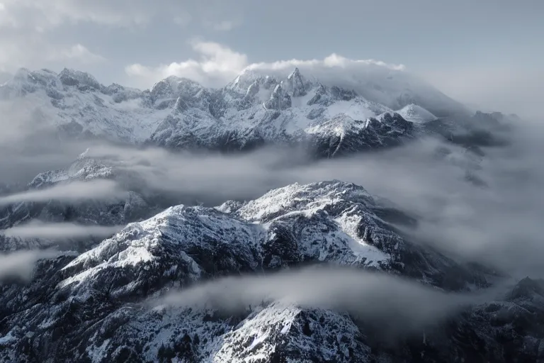 Image similar to taking from above, snowcapped mountain with lots of fog, high detail, photorealistic, good lighting, unbelievable.