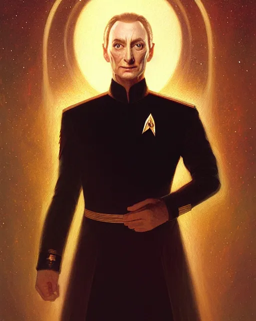 Image similar to portrait of commander data, star trek tng, forest, intricate, elegant, highly detailed, digital painting, artstation, concept art, smooth, sharp focus, illustration, art by artgerm and greg rutkowski and fra angelico and alphons mucha