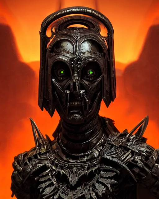 Prompt: a dark sci fi matte painting portrait of a futuristic shadow priest wearing a massive ornate headdress made of realistic metal performing a blood sacrifice, art deco metal shapes, cinematic lighting, rim light smooth, sci fi horror, unreal engine, octane render, by blizzard studios, golden rule, anatomically correct, fog volumes, evil glow, cgsociety