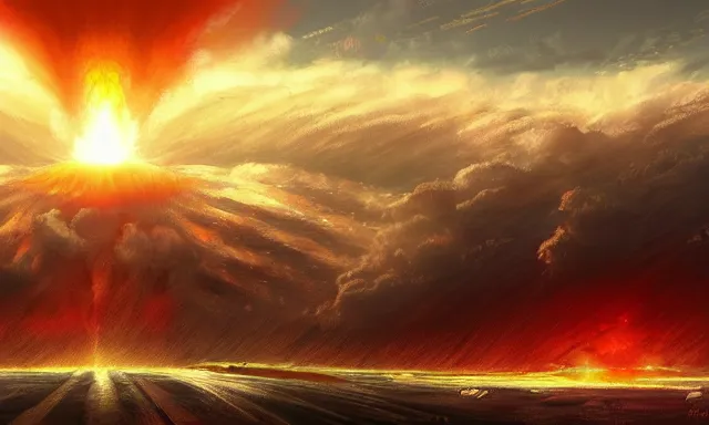 Image similar to nuclear explosion, few sun rays, wallpaper, artstation, digital painting, hd, high detailed