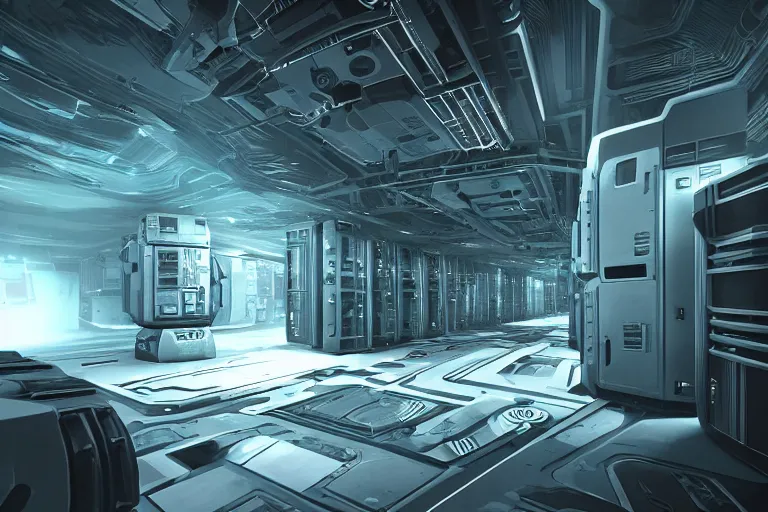 Prompt: parallax datacenter server room interior single mono colossus white rusty android guest robosaurus tusk artstation cinematic detailed concept art sharp coherent cgsociety symmetric perfect well balanced shadows lotr supercomputer starwars