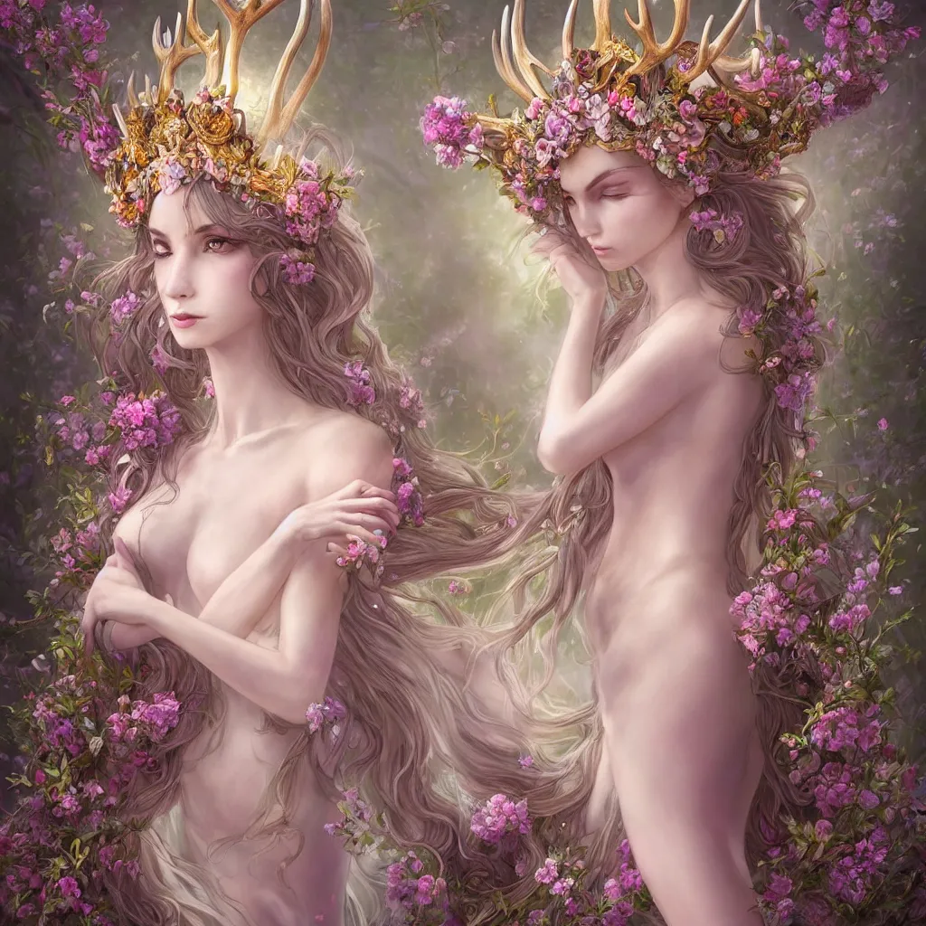 Image similar to A beautiful fantasy empress, highly detailed full body, just one head, flower tiara, long hair, wearing dramatic aristocrat robe, delicate figure, field of fantasy flowers, foxes and deer, epic composition, ultra wide-shot, dynamic pose, concept art, dramatic lighting, digital painting, smooth, character design, ((sharp focus)), elegant, intricate, artstation, by WLOP and James Jean and Victo Ngai