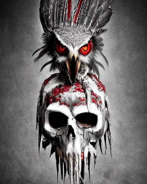 Image similar to owl - skull ghost - spirit of the grim - warpaint wears the scarlet armor and native blood headdress eyes, midnight fog - mist!, cinematic lighting, various refining methods, micro macro autofocus, ultra definition, award winning photo, photograph by ghostwave - gammell - giger - shadowlord