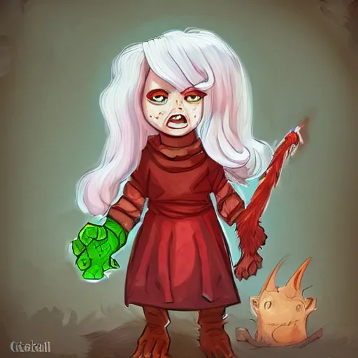 Image similar to Cute Goblin Cleric Girl with large expressive eyes and a red scarf, hatched ear, green skin, by Luke Pearson, Cornelia Geppert, digital illustration, comic style, cartoon style, concept art