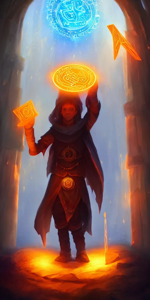 Prompt: A mage stands reading a spell book, as he reads the words magic runes float in the air. Magic, orange lighting, flux. High fantasy, digital painting, HD, 4k, detailed.