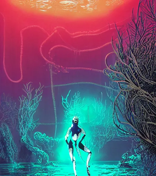 Image similar to a cyberpunk diver Polynesian woman swims through a dark bioluminescent alien coral reef, techwear, Industrial Scifi, detailed illustration, character portrait, by Martin Grip and Moebius