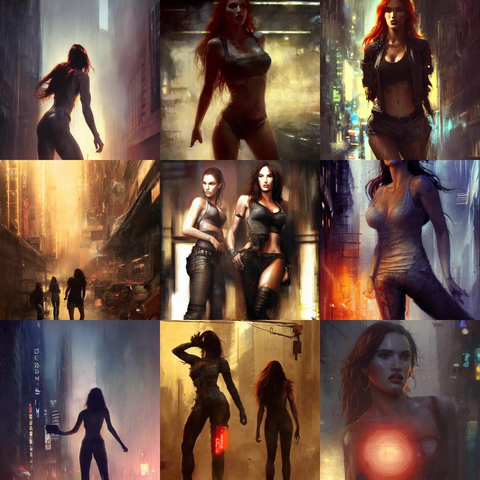 Prompt: bella thorne and megan fox, hyperrealistic full figure, bladerunner street, art of elysium by jeremy mann and frank frazetta, fantasy art, photo realistic, dynamic lighting, artstation, full figure poster, volumetric lighting, very detailed face, 4 k, award winning