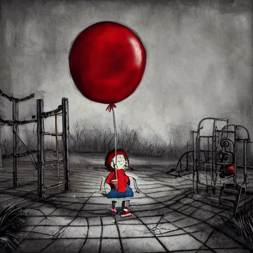 Prompt: grunge painting of a playground with a wide smile and a red balloon by tim burton, loony toons style, pennywise style, corpse bride style, rick and morty style, creepy lighting, horror theme, detailed, elegant, intricate, conceptual