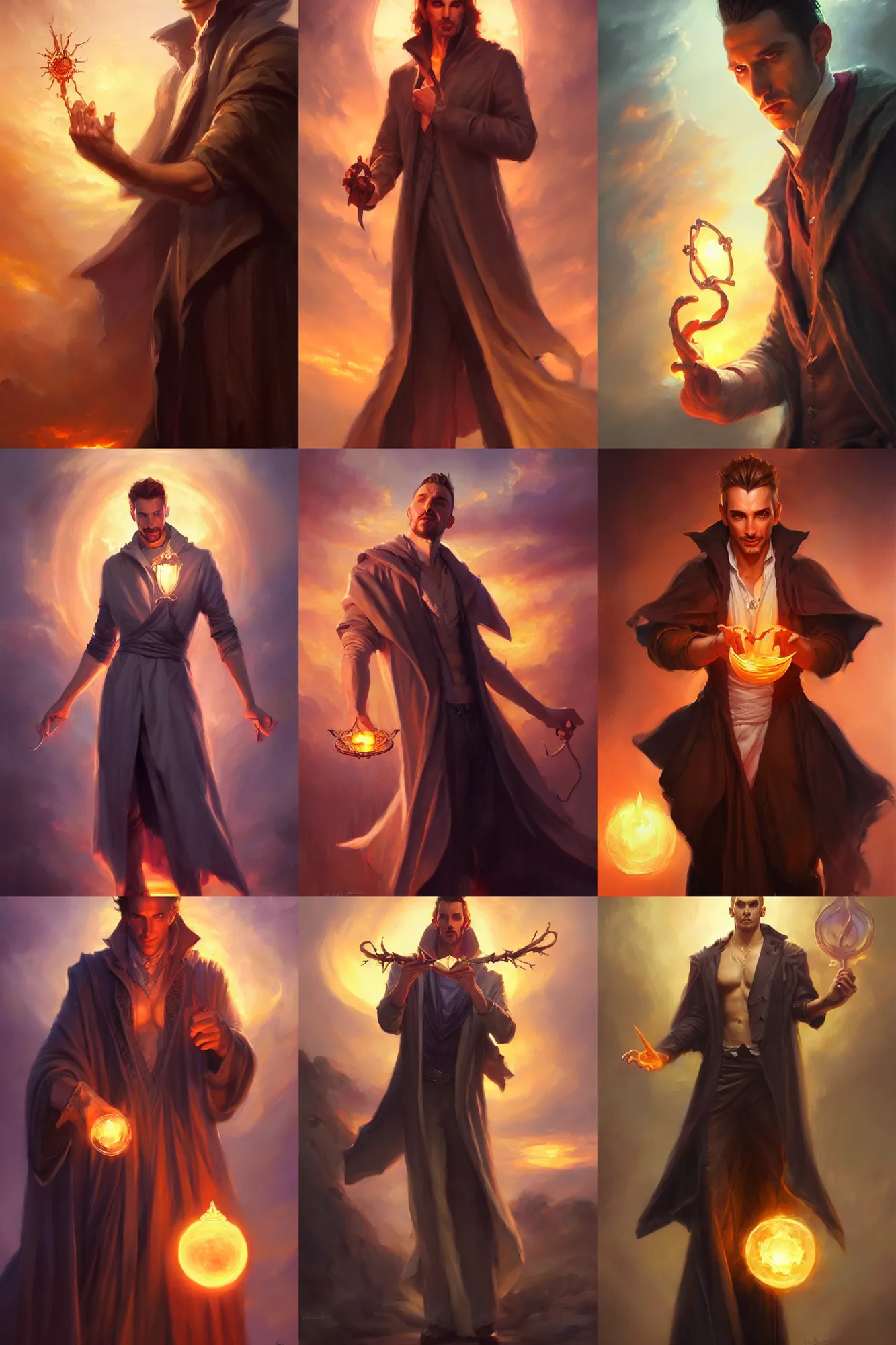 Prompt: attractive man warlock casting a spell, sunset, painting by bastien lecouffe - deharme, vladimir volegov, j. c. leyendecker, tom of finland, trending on artstation