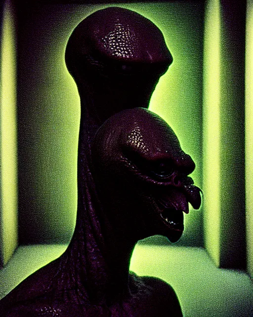 Image similar to Color photo of a scary humanoid alien with large black eyes and reptilian facial features, inside area 51, by Paolo Sorrentino, cinestill 800t 35mm, high quality, high textured, dramatic light, cinematic,