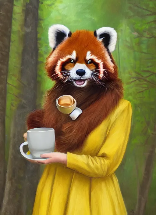 Image similar to beautiful portrait commission of a female furry anthro red panda fursona wearing a yellow dress, drinking a cup of coffee while walking through a summer forest, beautiful, vivid, highly detailed, trending on artstation,