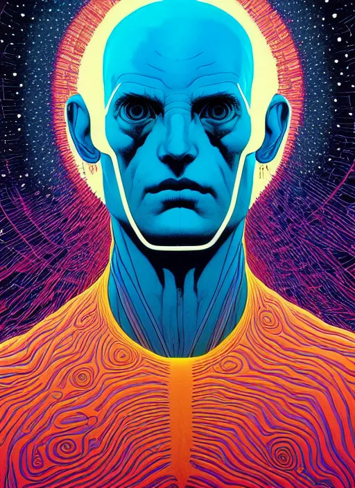 Prompt: symmetry!! stunning portrait of dr manhattan, by victo ngai, kilian eng vibrant colors, dynamic lighting, digital art, winning award masterpiece, fantastically beautiful, illustration, aestheticly inspired by beksinski and dan mumford, upscale with simon stalenhag work, artstation, 8 k