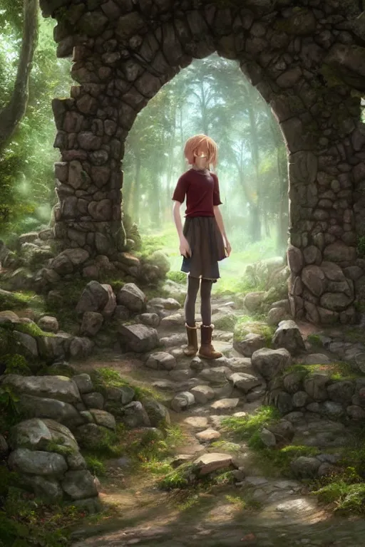 Image similar to a highly detailed matte painting of a teenager with shaggy hair and hip clothes standing in front of a stone gate in the elven forest ruins, by studio ghibli, by artgerm, by wlop, by greg rutkowski, red tones, volumetric lighting, octane render, 4 k resolution, trending on artstation, masterpiece