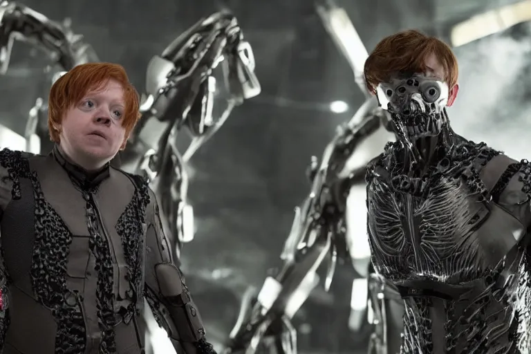 Image similar to Rupert Grint as Doctor Octopus, Long metal clawed arms from his back, intimidating stance