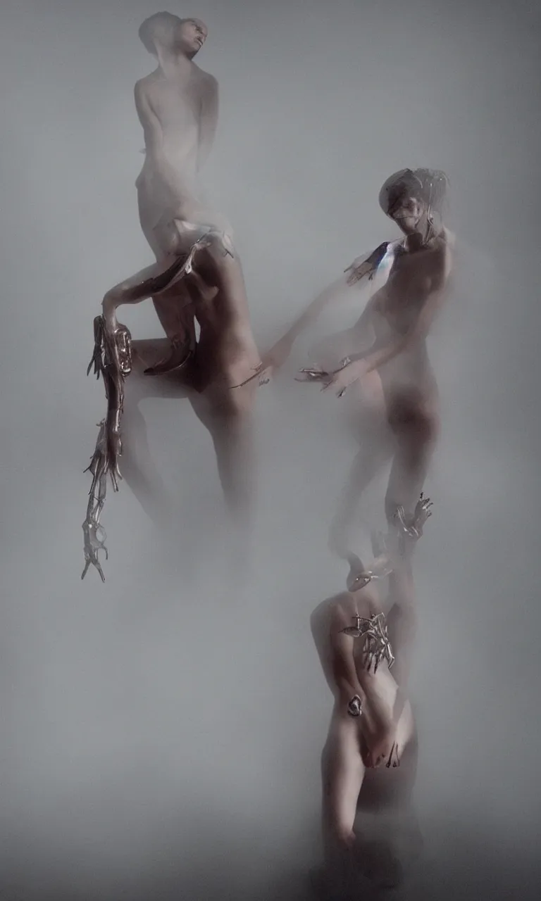 Image similar to Arca album cover, Arca emerging from the fog, Arca with opal flesh and mechanical instrument limbs