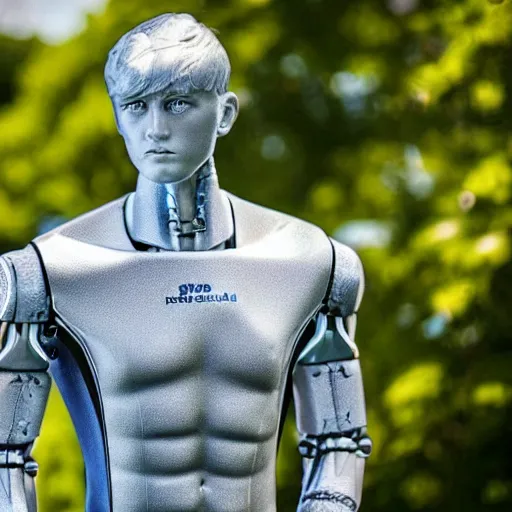 Image similar to a realistic detailed photo of a guy who is an attractive humanoid who is half robot and half humanoid, who is a male android, soccer player martin ødegaard, shiny skin, posing like a statue, blank stare, by the pool, on display, showing off his muscles, humanoid robot, frozen ice statue