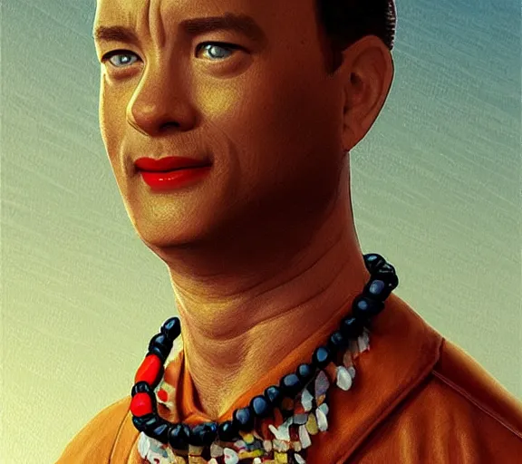 Image similar to Tom hanks as forrest gump wearing a necklace made out of shrimps around the neck, realistic face, digital art, in the style of Raphael Lacoste, amazing detail, artstation, long shot