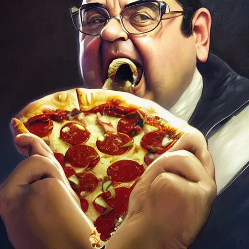 Image similar to portrait of danny devito eating pizza, highly detailed, digital painting, artstation, concept art, sharp focus, illustration, art by artgerm and greg rutkowski and alphonse mucha