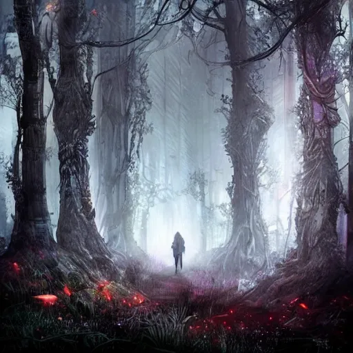 Prompt: A fairy tale forest in the style of cyberpunk in the style of dark fantasy art Trending on artstation DeviantArt Pinterest detailed realistic HD 8k High Resolution