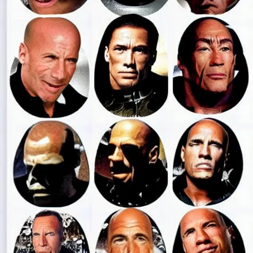 Prompt: a Whack-a-mole but instead of the moles it is Bruce Willis, Arnold Schwarzenegger, Jean Claude Van Damme, Vin Diesel, Dwayne The Rock Johnson