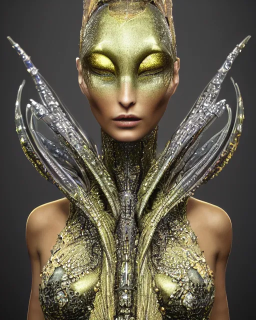 Image similar to a highly detailed metahuman 4 k close up render of an alien goddess bella hadid as alien in iris van herpen dress schiaparelli in diamonds crystals swarovski and jewelry iridescent in style of alphonse mucha gustav klimt trending on artstation made in unreal engine 4