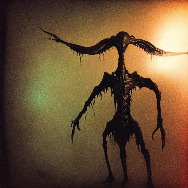 Image similar to a dark artistic photo of an alien creature with crazy wings, liminal eerie midnight backlit, big budget horror, a polaroid photo, bleeding decaying colors!