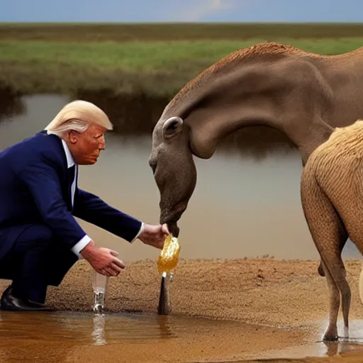 Prompt: national geographic professional photo of biden and trump drinking from a watering hole with animals, award winning