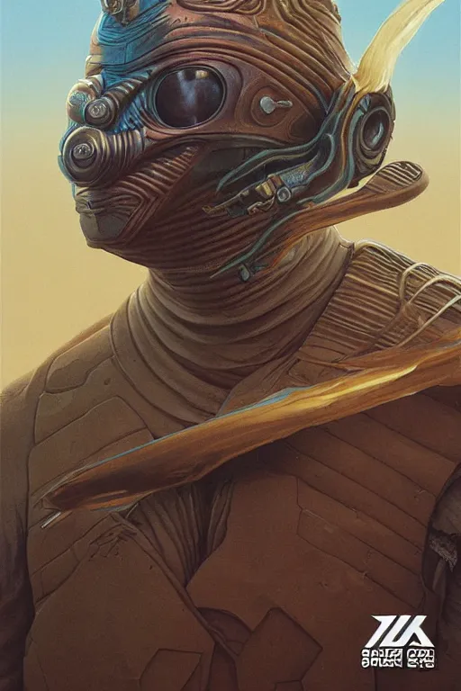 Image similar to dune themed elite sardaukar warrior, desert breathing armor, graffiti, sketch by sachin teng, moebius, artgerm, michael cheval, esao andrews, francois boucher, masterpiece, intricate organic painting, matte painting, hard edges, highly detailed, cinematic lighting character art movie poster by drew struzan