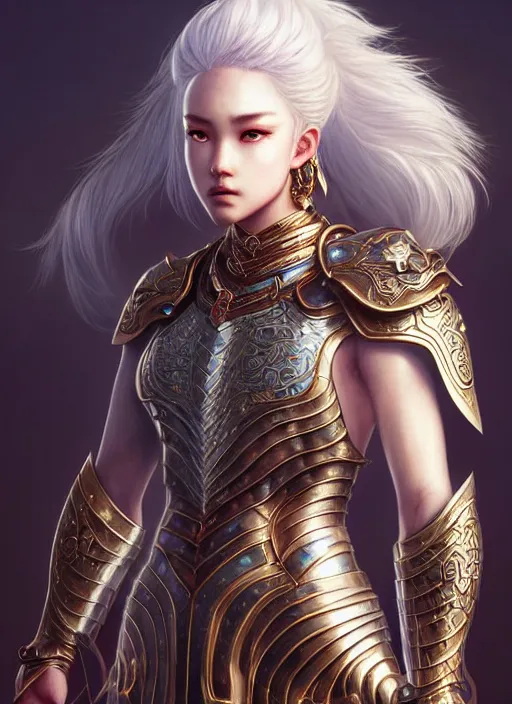 Image similar to warrior, intricate ornate opal heavy armor!!! beautiful and athletic white hair female!! gorgeous face and eyes!! character concept art, sharp focus, octane render! unreal engine 5! highly rendered!! trending on artstation!! detailed linework!! illustration by artgerm, wlop, and chie yoshii