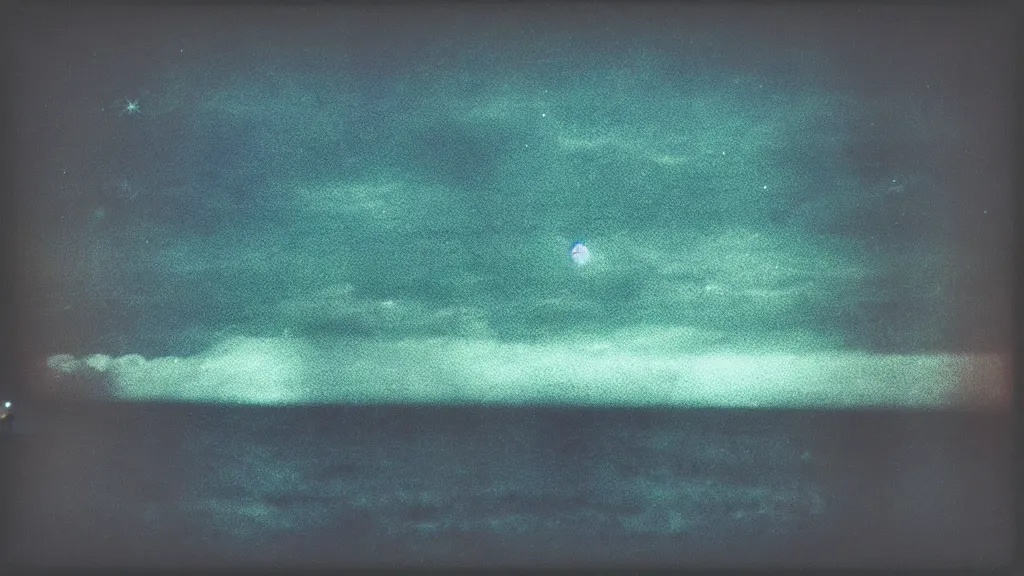 Prompt: drone photography, haunted VHS glitch polaroid of a distant celestial ferry sailing through deep blackness. black bay, stars strange perspective, depths, Ethereal lighting. Nighttime setting with the moon reflecting off the water