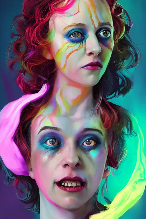 Image similar to hyperdetailed portrait of kristen schaal as delirium of the endless, colourful make up, the sandman, made by caravaggio stanley artgerm lau wlop rossdraws artstation cgsociety concept art cgsociety octane render