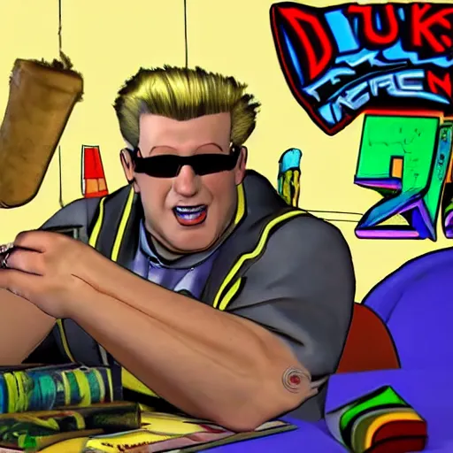 Prompt: Duke Nukem teaching kids to spell on Seseme Street