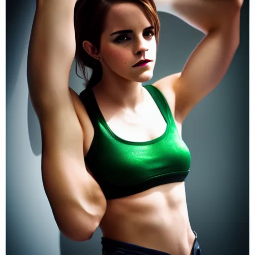 Prompt: Emma Watson as She-Hulk, full shot, professional photography, f/22, 35mm, studio lighting